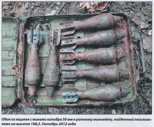 Один из ящиков с минами калибра 50 мм к ротному миномёту, найденный поисковиками на высоте 168,5. Октябрь 2012 года