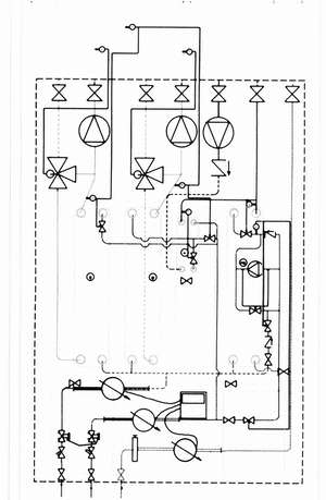Рис 3. Принципиальная схема термотрансформатора с теплообменниками для ГВС, отопления и вентиляции (со смесительными насосами) (обозначения см. рис. 2) 